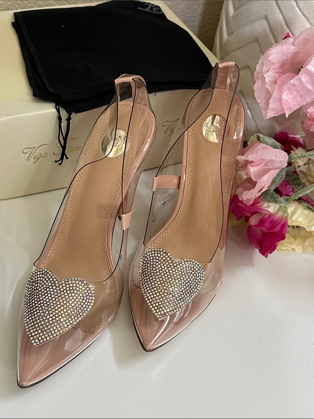 Crystal Heart Slingback Pumps in Light Pink
